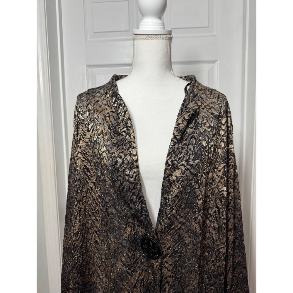 Ali Miles Metallic Gold Black Lace Cardigan Jacket 2X Gold Excellent Art To Wear - Picture 2 of 8